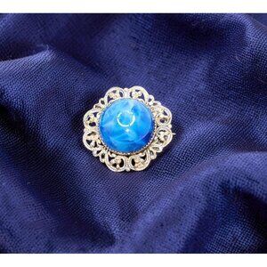 Antique Silver Tone Swirl Pattern Blue Glass Bead Brooch